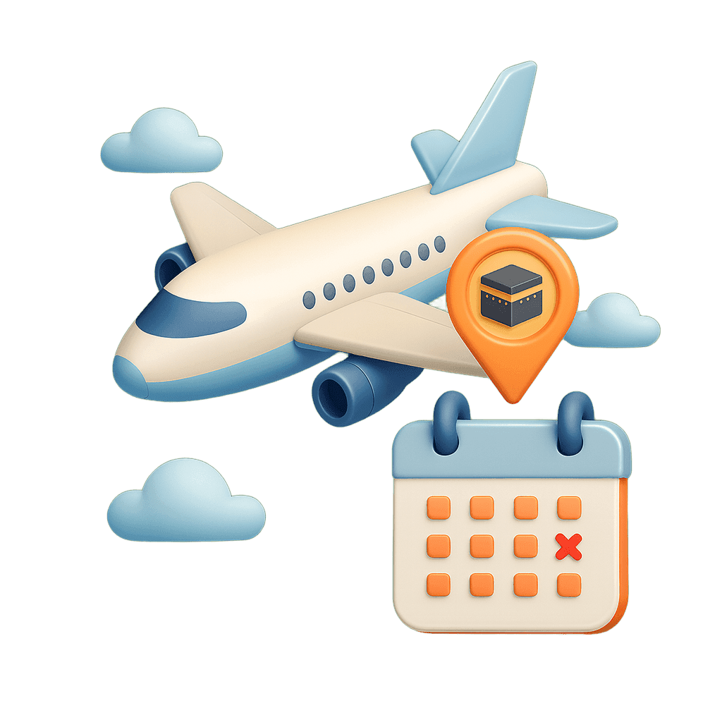 3D illustration of an airplane with Kaaba location pin and calendar representing Omra travel